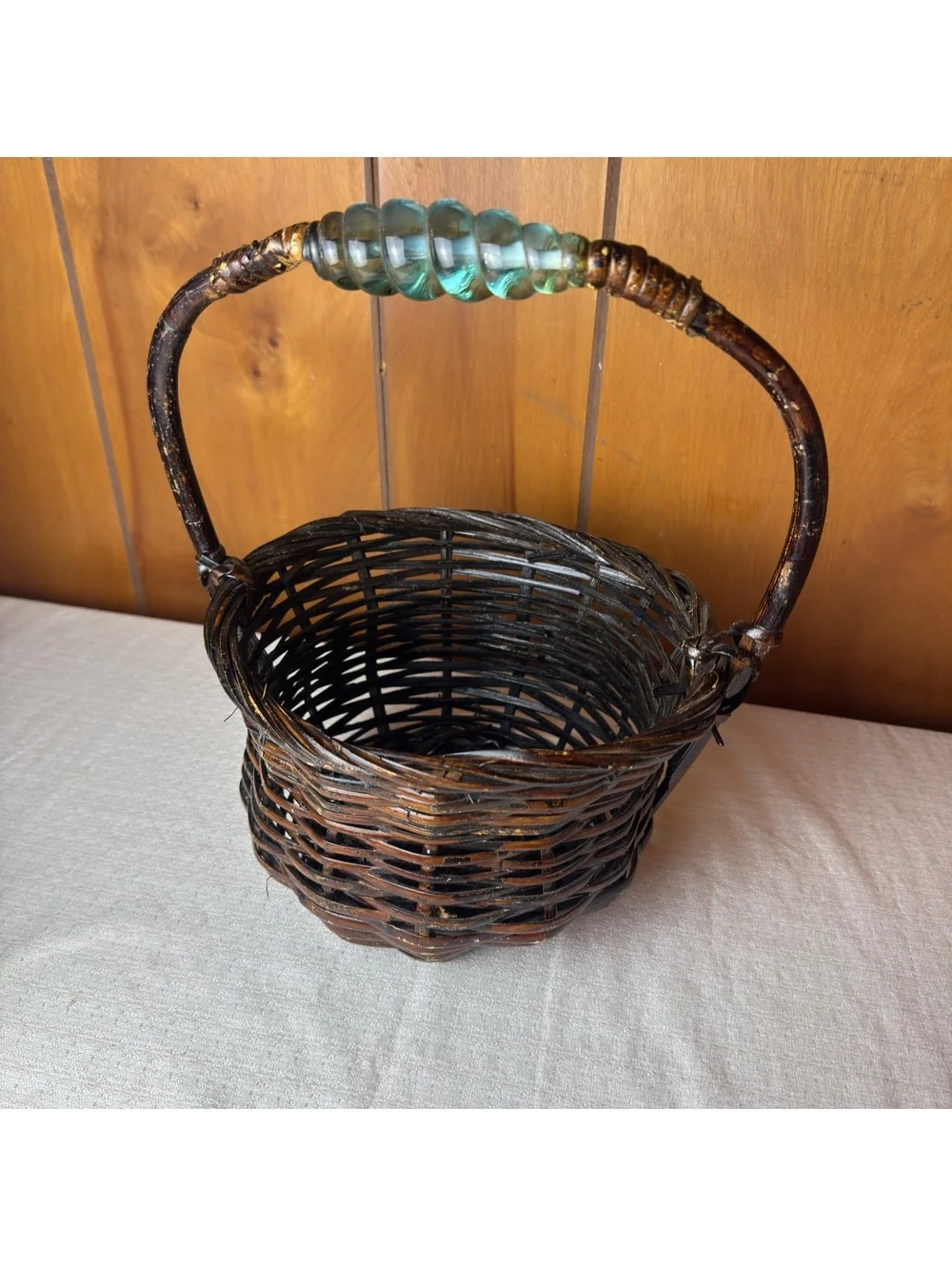 Vintage Wicker Basket Glass Handle Accent Dark Brown Woven Rustic Boho Decor